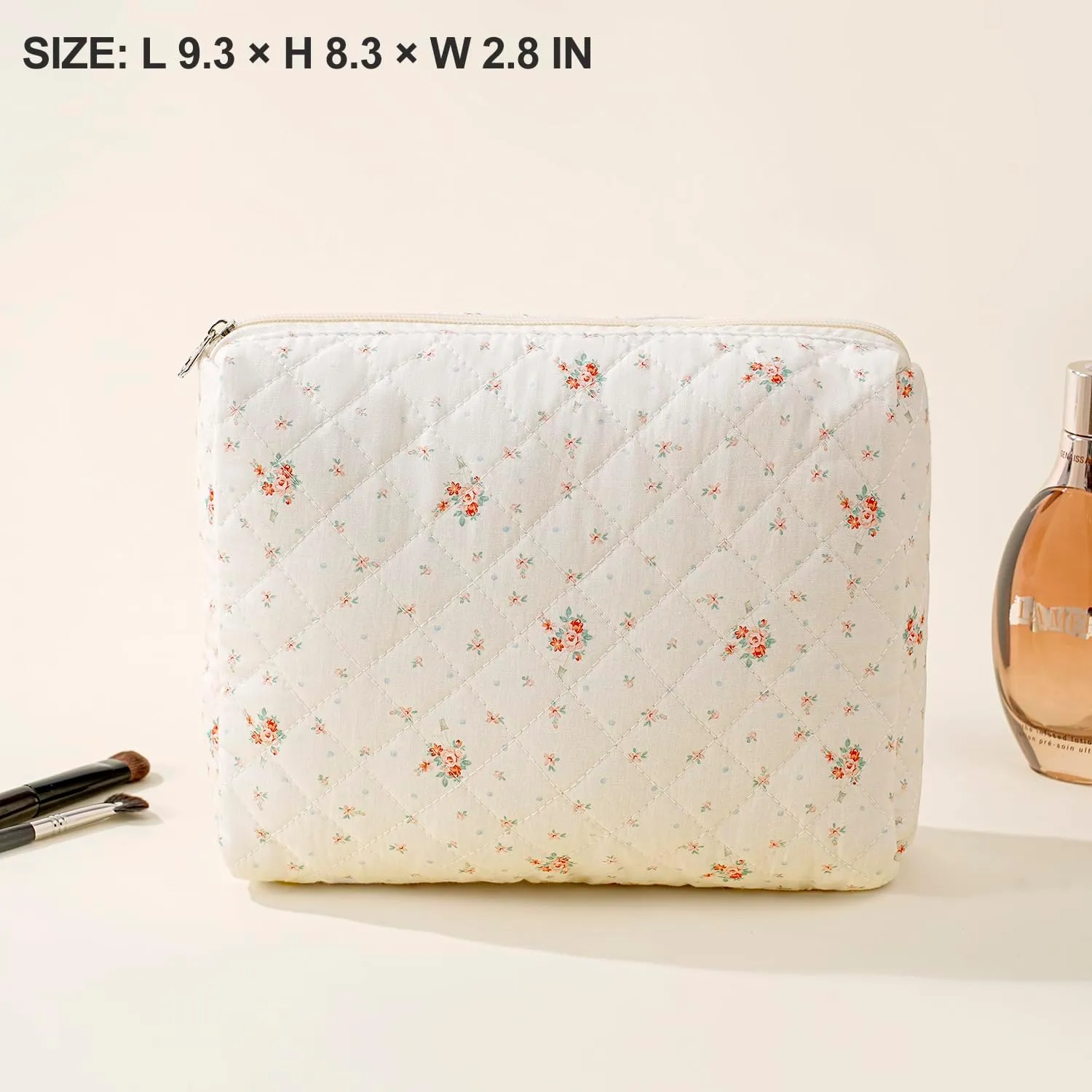 Cute Floral Makeup Bag Large Cotton Quilted Cosmetic Bag, Aesthetic Essential Bag Toiletry Period Bag for Women Travel Accessories (Yellow Small Flowers)