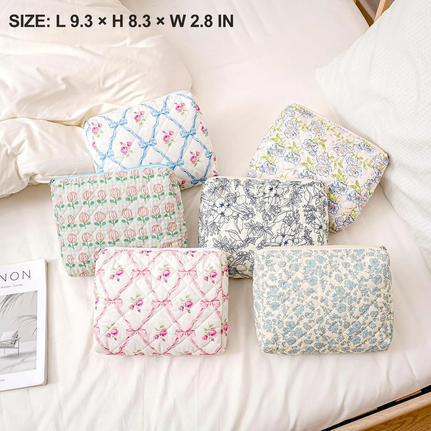 Cute Floral Makeup Bag Large Cotton Quilted Cosmetic Bag, Aesthetic Essential Bag Toiletry Period Bag for Women Travel Accessories (Yellow Small Flowers)