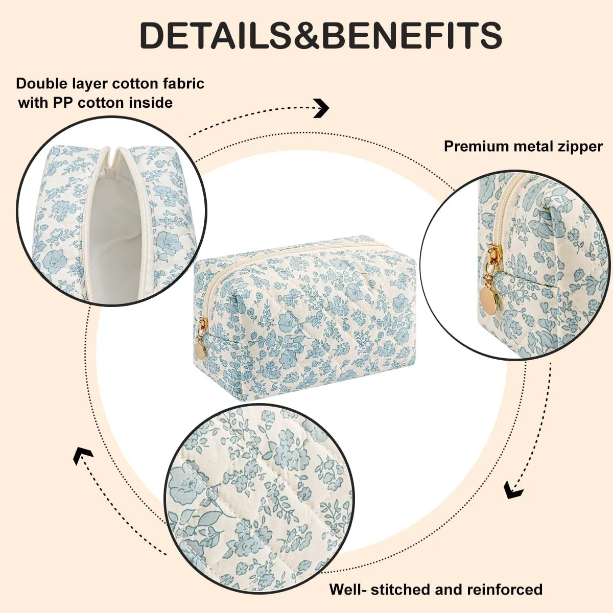 Cute Floral Makeup Bag Small Cotton Quilted Cosmetic Bag, Aesthetic Essential Bag Toiletry Period Bag for Women Travel Accessories (Blue Floral)