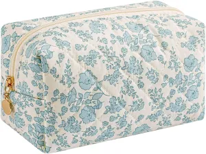 Cute Floral Makeup Bag Small Cotton Quilted Cosmetic Bag, Aesthetic Essential Bag Toiletry Period Bag for Women Travel Accessories (Blue Floral)