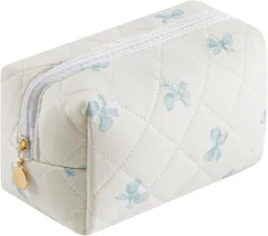Cute Floral Makeup Bag Small Cotton Quilted Cosmetic Bag, Aesthetic Essential Bag Toiletry Period Bag for Women Travel Accessories (Blue Small Bowknot)