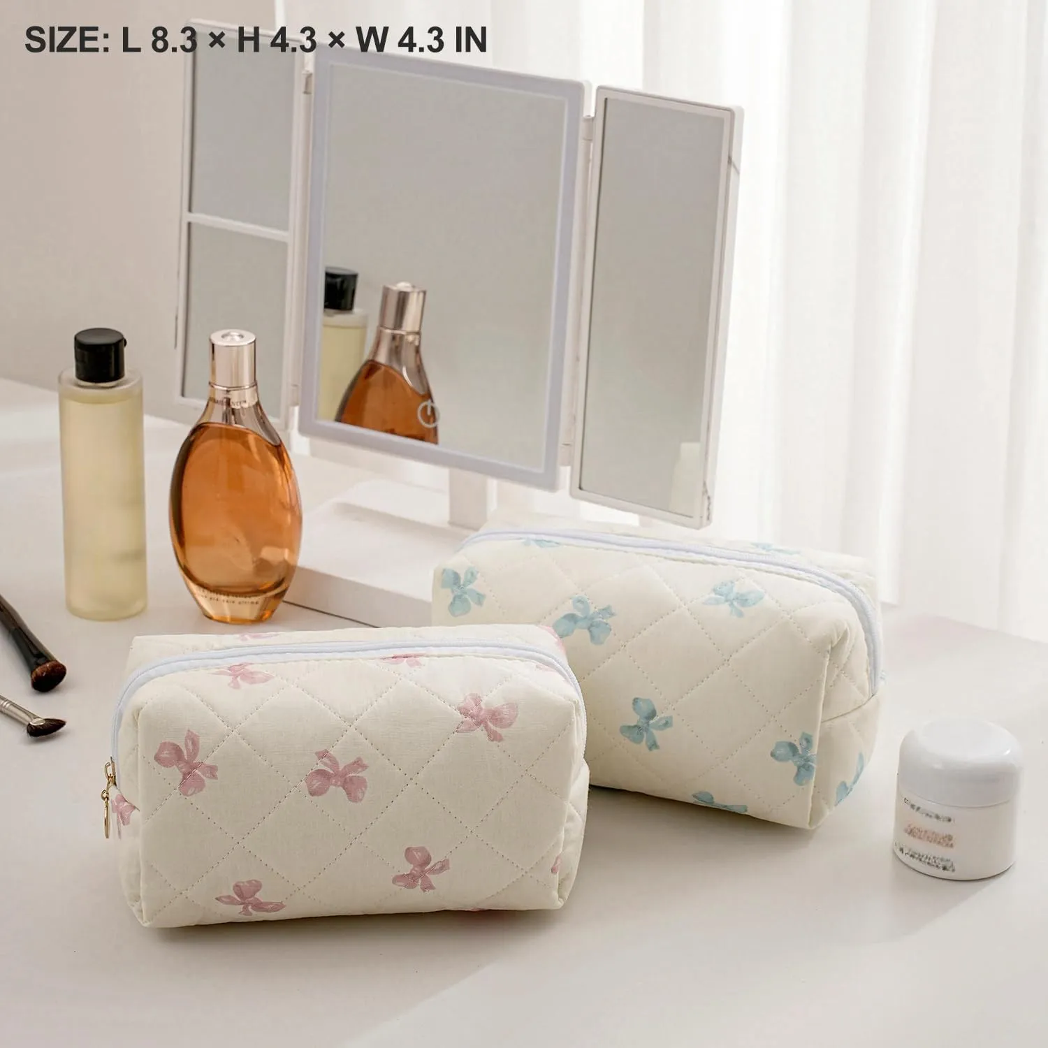 Cute Floral Makeup Bag Small Cotton Quilted Cosmetic Bag, Aesthetic Essential Bag Toiletry Period Bag for Women Travel Accessories (Blue Small Bowknot)