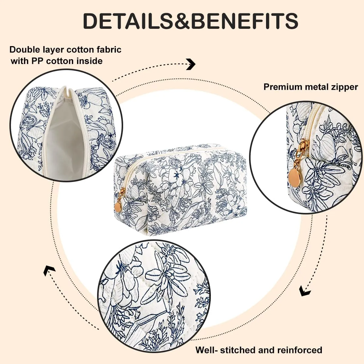 Cute Floral Makeup Bag Small Cotton Quilted Cosmetic Bag, Aesthetic Essential Bag Toiletry Period Bag for Women Travel Accessories (Navy Flowers)