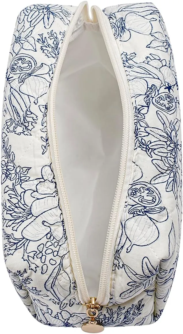 Cute Floral Makeup Bag Small Cotton Quilted Cosmetic Bag, Aesthetic Essential Bag Toiletry Period Bag for Women Travel Accessories (Navy Flowers)