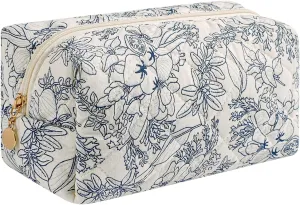 Cute Floral Makeup Bag Small Cotton Quilted Cosmetic Bag, Aesthetic Essential Bag Toiletry Period Bag for Women Travel Accessories (Navy Flowers)