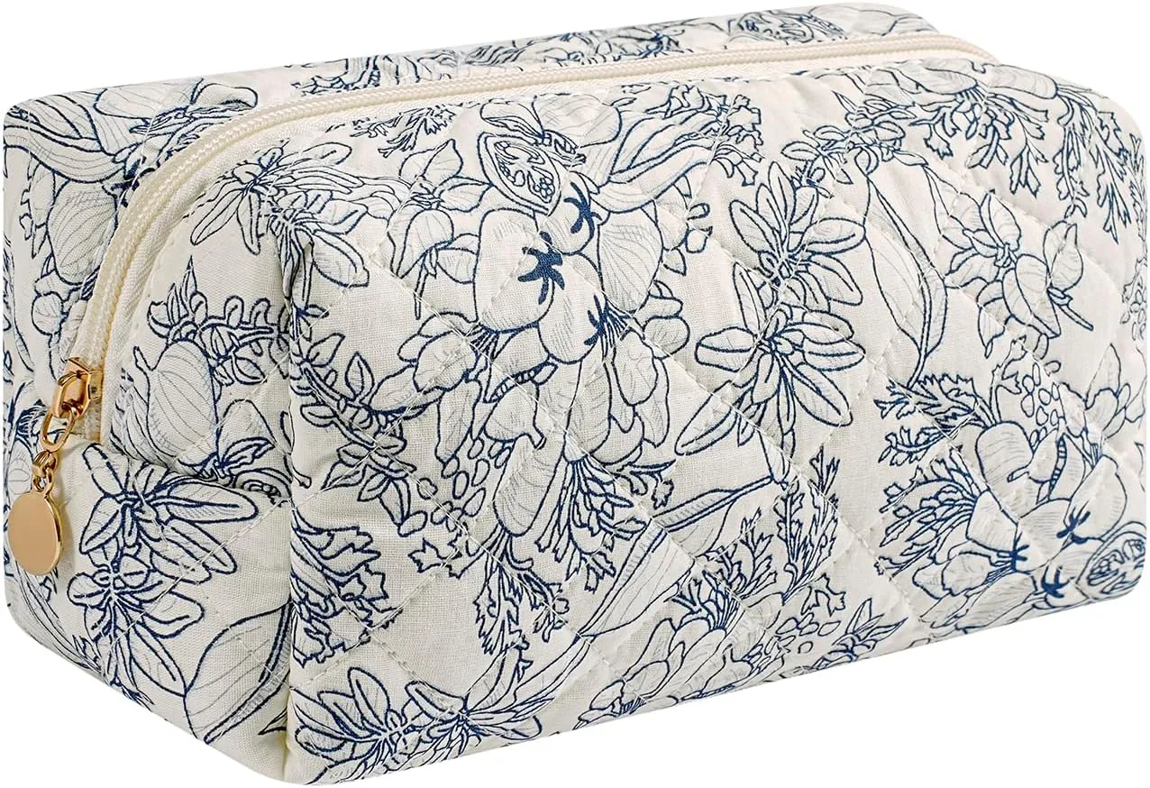 Cute Floral Makeup Bag Small Cotton Quilted Cosmetic Bag, Aesthetic Essential Bag Toiletry Period Bag for Women Travel Accessories (Navy Flowers)
