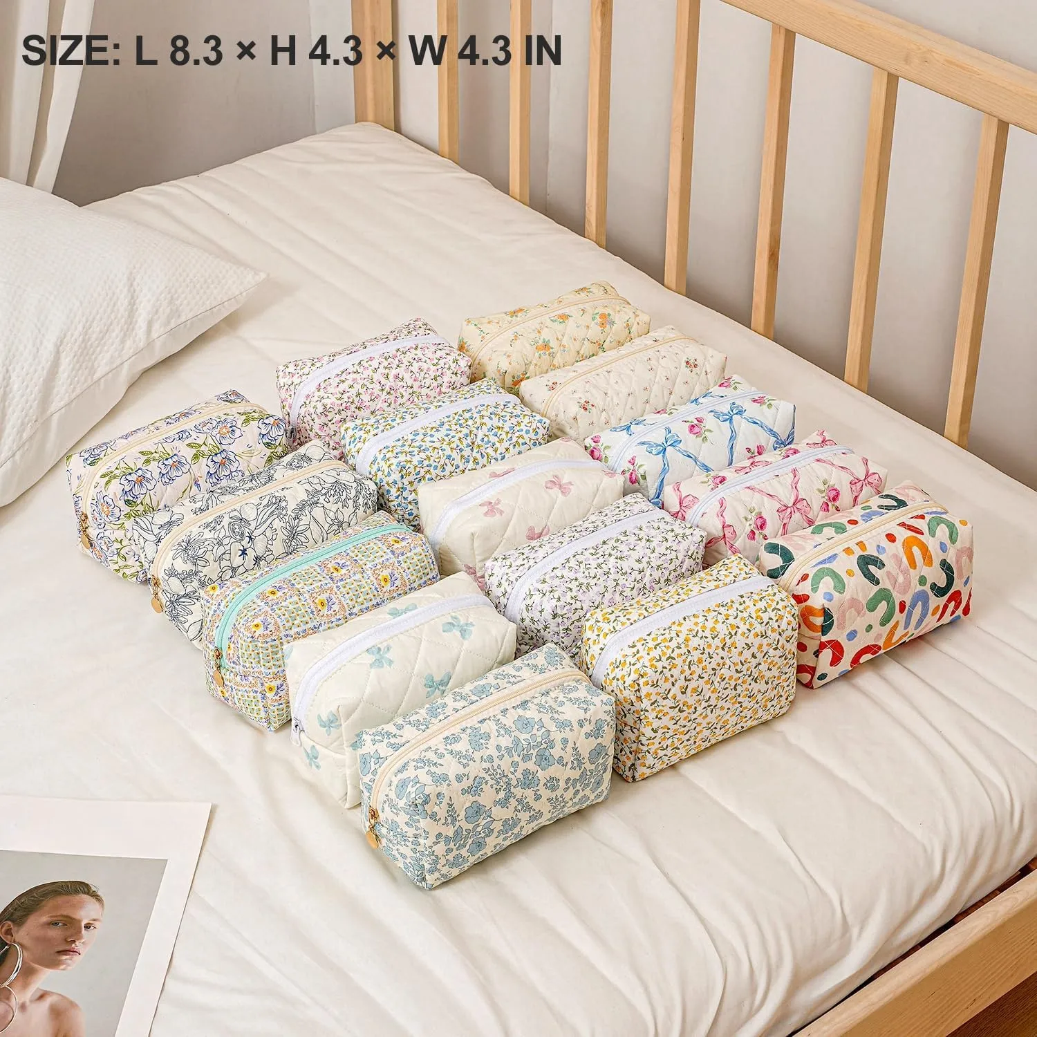 Cute Floral Makeup Bag Small Cotton Quilted Cosmetic Bag, Aesthetic Essential Bag Toiletry Period Bag for Women Travel Accessories (Pink Bowknot Rose)