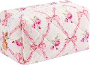 Cute Floral Makeup Bag Small Cotton Quilted Cosmetic Bag, Aesthetic Essential Bag Toiletry Period Bag for Women Travel Accessories (Pink Bowknot Rose)