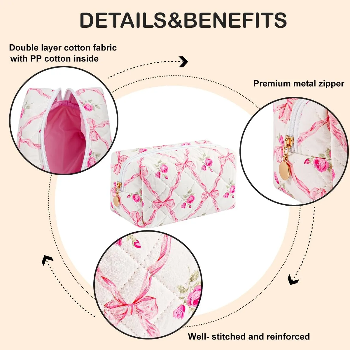 Cute Floral Makeup Bag Small Cotton Quilted Cosmetic Bag, Aesthetic Essential Bag Toiletry Period Bag for Women Travel Accessories (Pink Bowknot Rose)