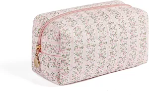 Cute Floral Makeup Bag Small Cotton Quilted Cosmetic Bag, Aesthetic Essential Bag Toiletry Period Bag for Women Travel Accessories (Pink Floral)