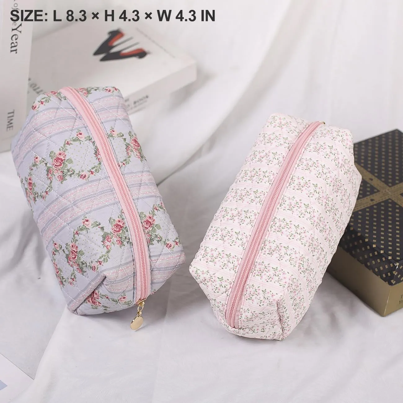 Cute Floral Makeup Bag Small Cotton Quilted Cosmetic Bag, Aesthetic Essential Bag Toiletry Period Bag for Women Travel Accessories (Pink Floral)