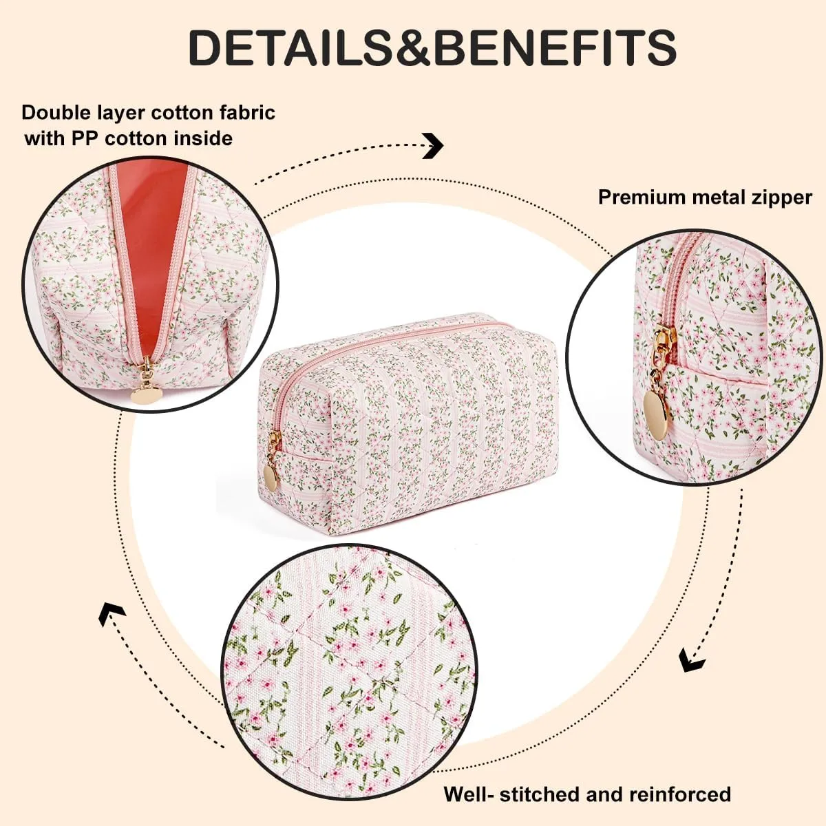 Cute Floral Makeup Bag Small Cotton Quilted Cosmetic Bag, Aesthetic Essential Bag Toiletry Period Bag for Women Travel Accessories (Pink Floral)