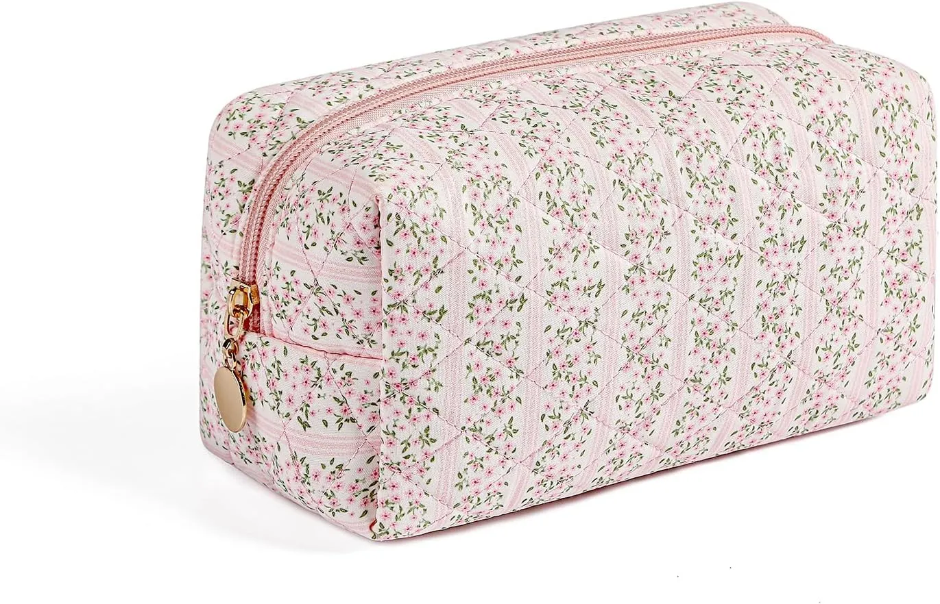 Cute Floral Makeup Bag Small Cotton Quilted Cosmetic Bag, Aesthetic Essential Bag Toiletry Period Bag for Women Travel Accessories (Pink Floral)
