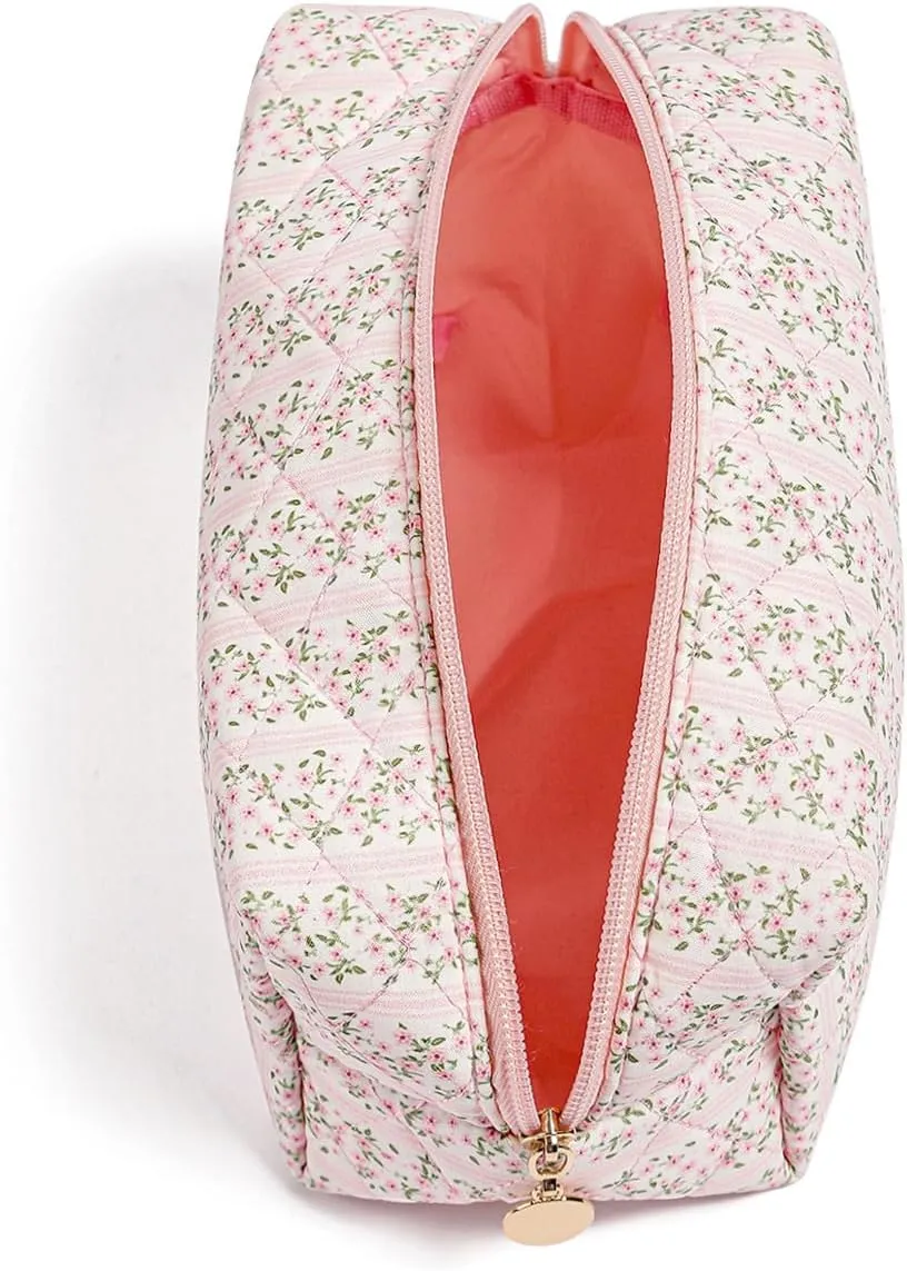 Cute Floral Makeup Bag Small Cotton Quilted Cosmetic Bag, Aesthetic Essential Bag Toiletry Period Bag for Women Travel Accessories (Pink Floral)