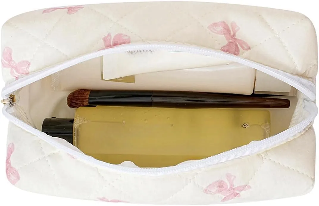 Cute Floral Makeup Bag Small Cotton Quilted Cosmetic Bag, Aesthetic Essential Bag Toiletry Period Bag for Women Travel Accessories (Pink Small Bowknot)