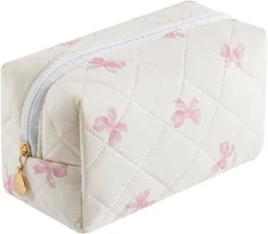 Cute Floral Makeup Bag Small Cotton Quilted Cosmetic Bag, Aesthetic Essential Bag Toiletry Period Bag for Women Travel Accessories (Pink Small Bowknot)