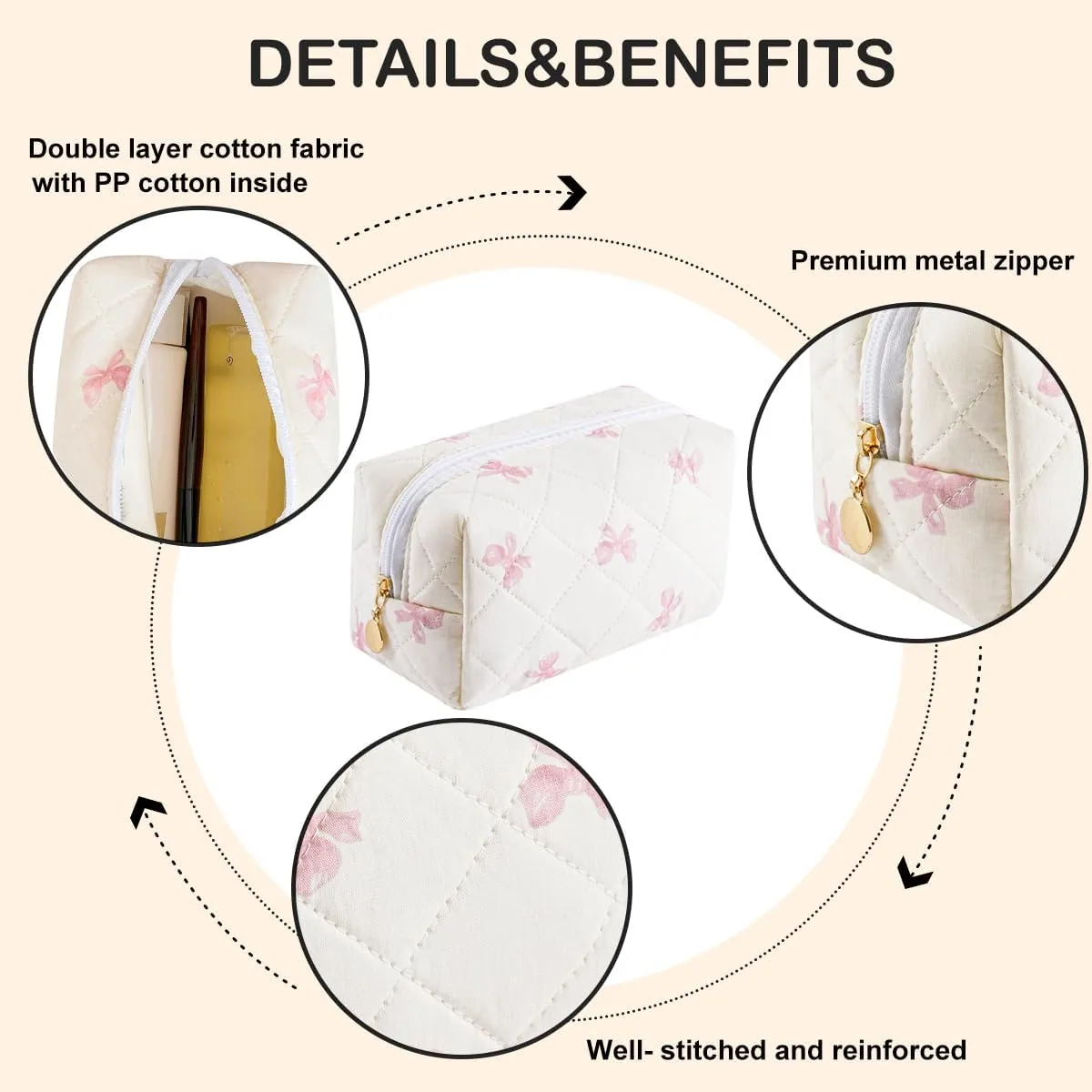 Cute Floral Makeup Bag Small Cotton Quilted Cosmetic Bag, Aesthetic Essential Bag Toiletry Period Bag for Women Travel Accessories (Pink Small Bowknot)