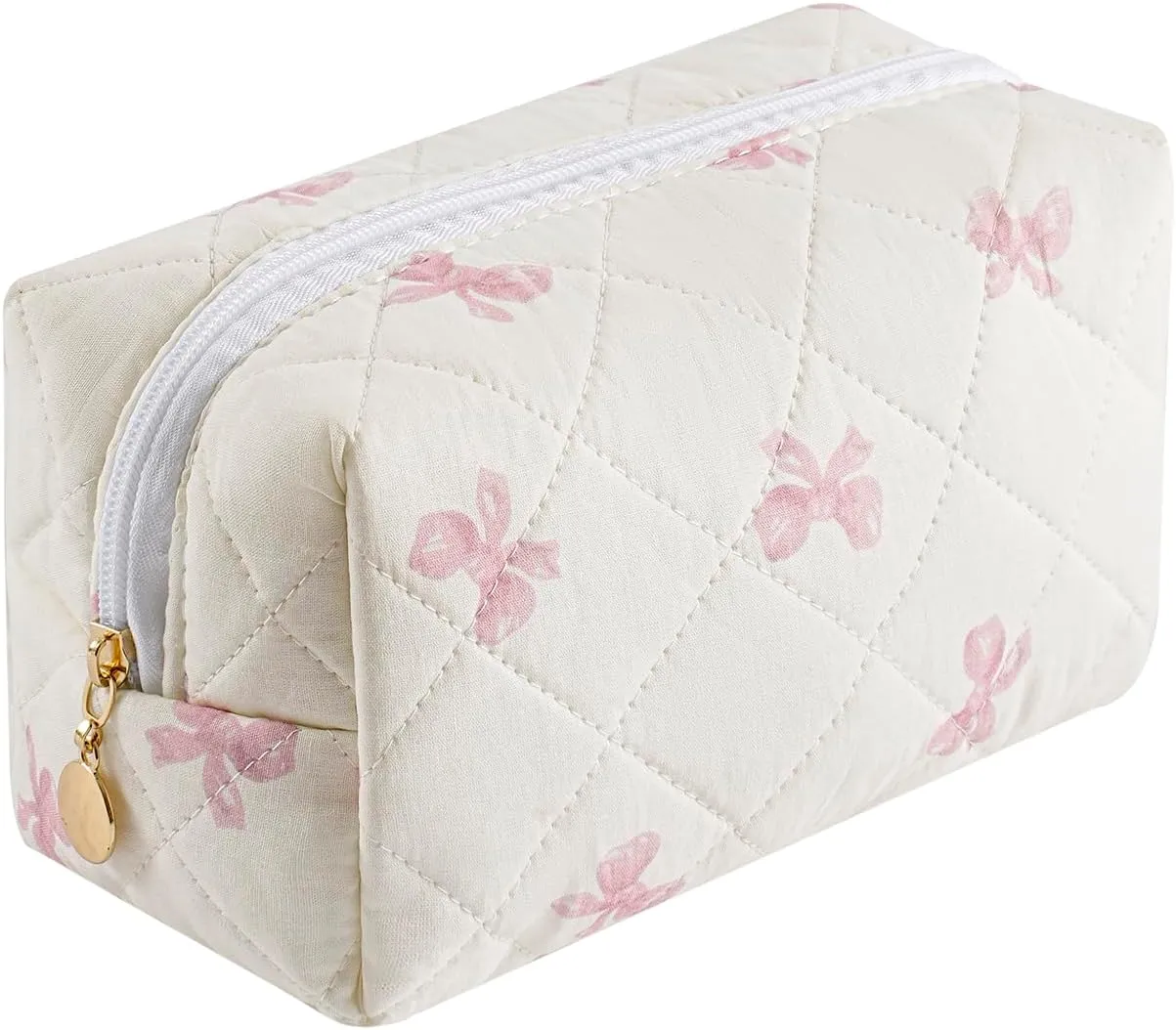 Cute Floral Makeup Bag Small Cotton Quilted Cosmetic Bag, Aesthetic Essential Bag Toiletry Period Bag for Women Travel Accessories (Pink Small Bowknot)