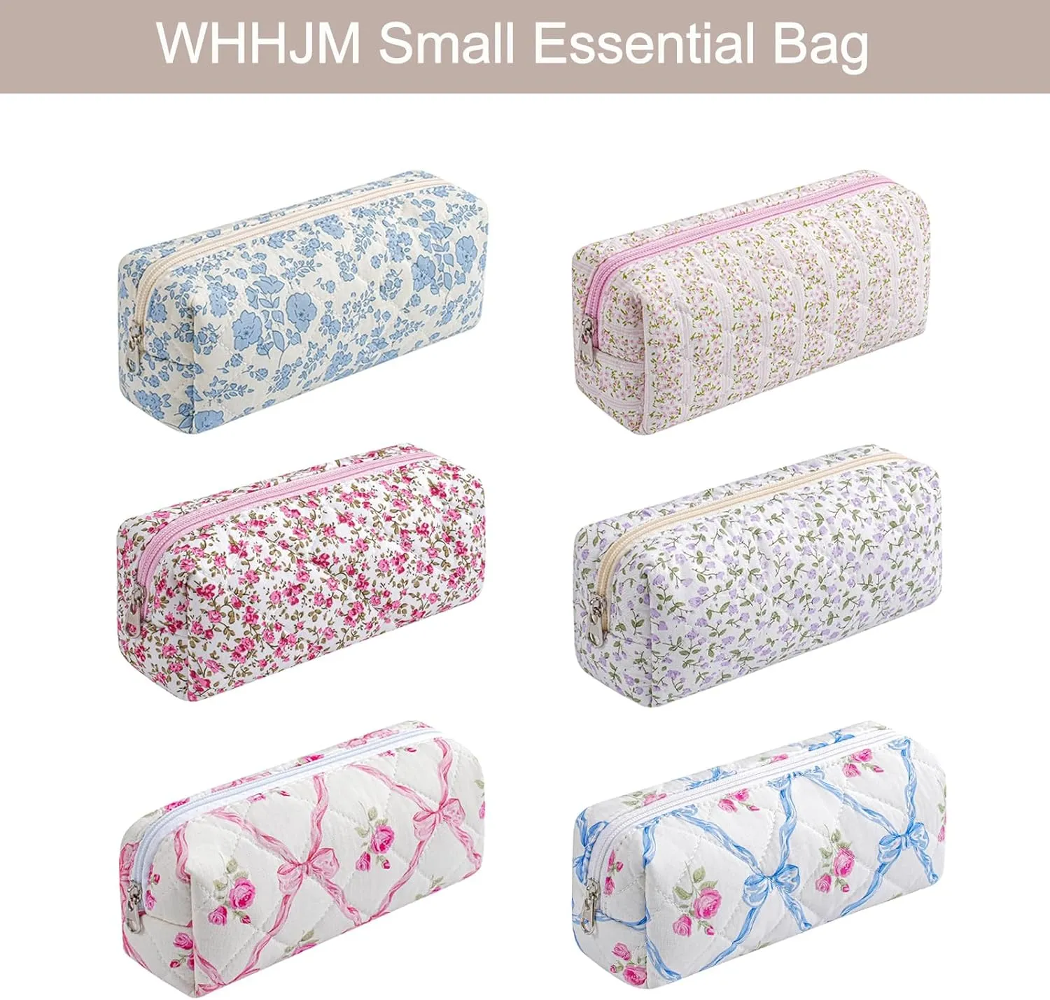 Cute Floral Makeup Brush Bag Small Cotton Quilted Cosmetic Bag for Women Travel Toiletry Zipper Make Up Pouch (Blue Bowknot Rose)