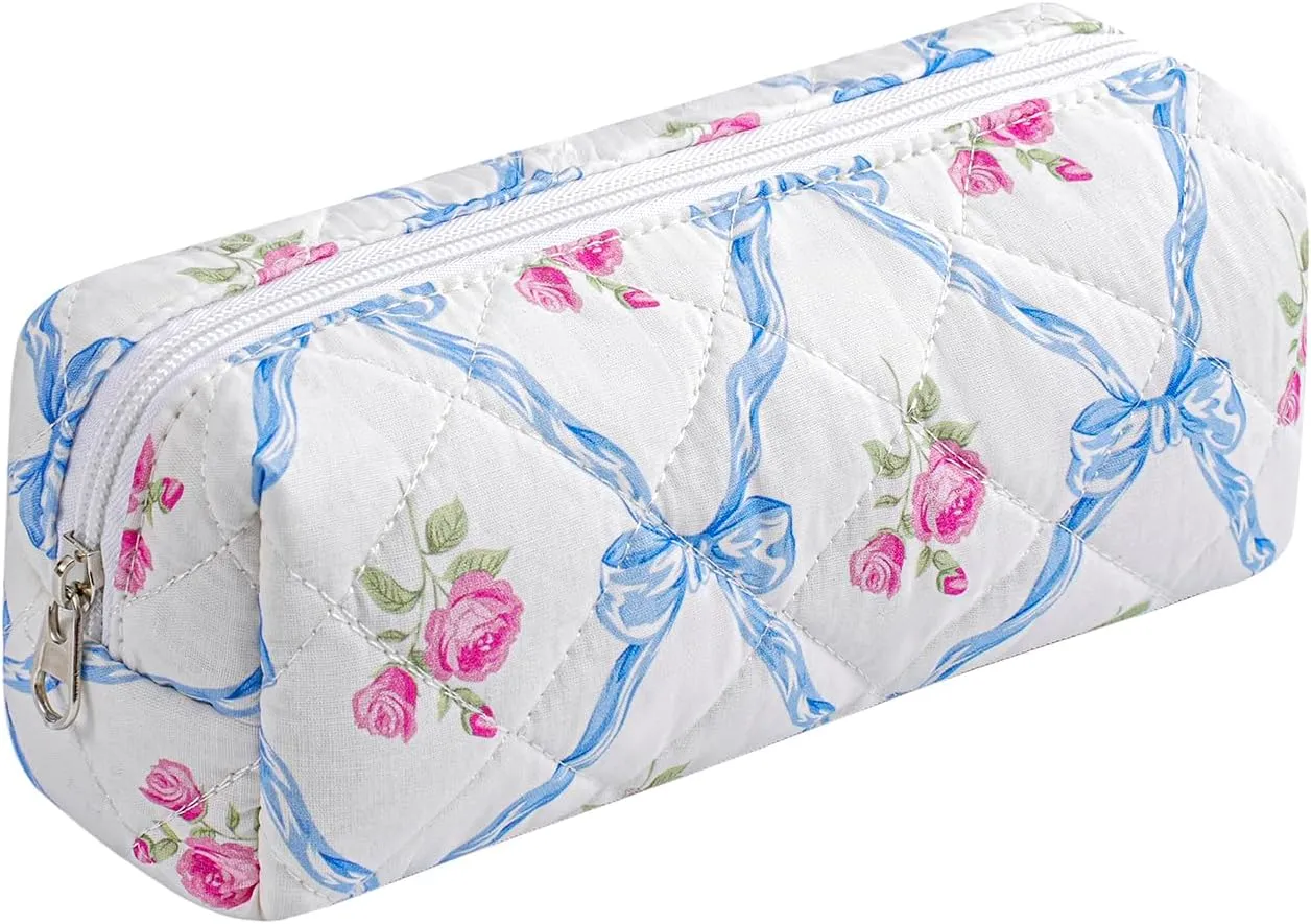 Cute Floral Makeup Brush Bag Small Cotton Quilted Cosmetic Bag for Women Travel Toiletry Zipper Make Up Pouch (Blue Bowknot Rose)