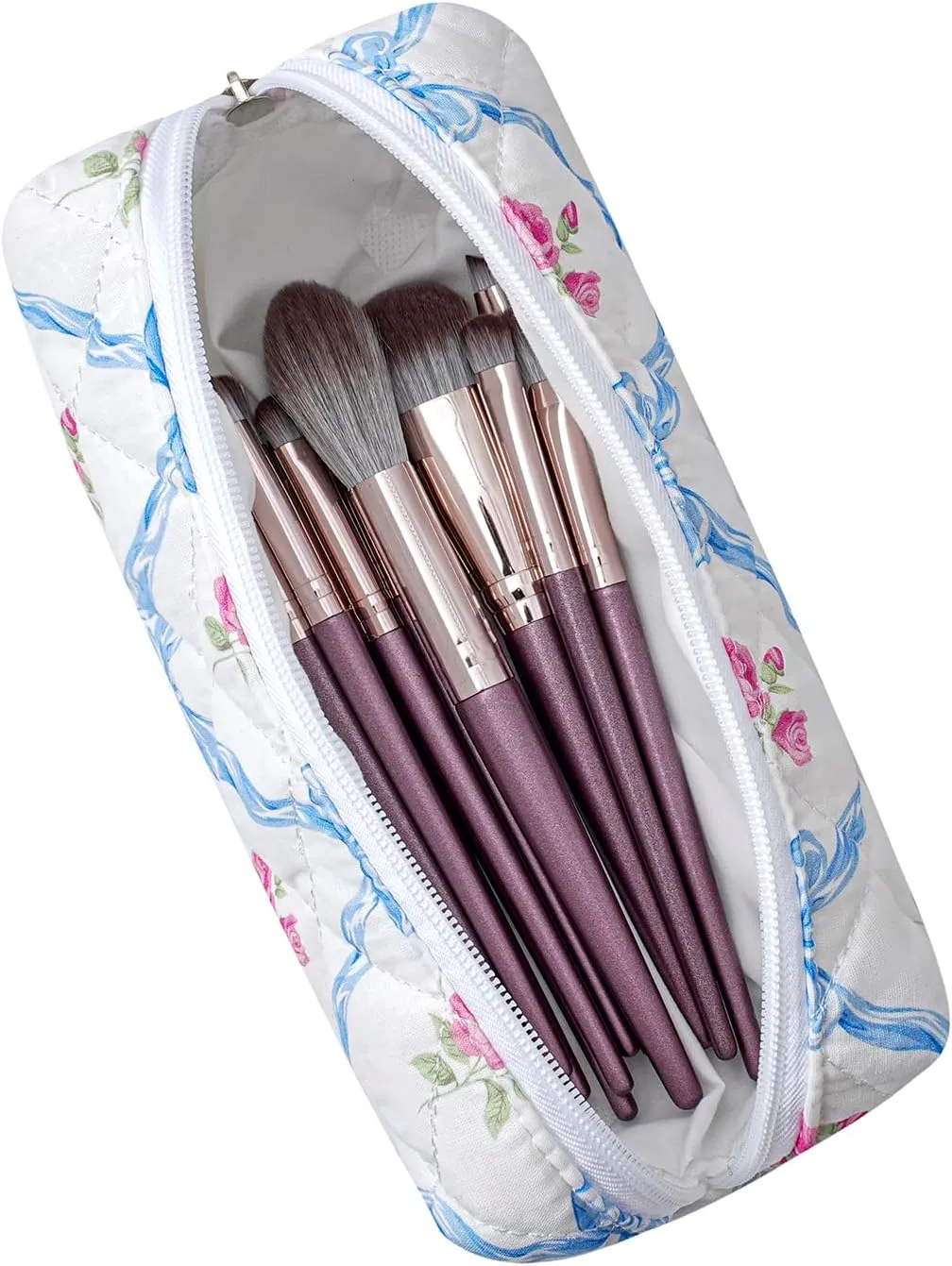 Cute Floral Makeup Brush Bag Small Cotton Quilted Cosmetic Bag for Women Travel Toiletry Zipper Make Up Pouch (Blue Bowknot Rose)