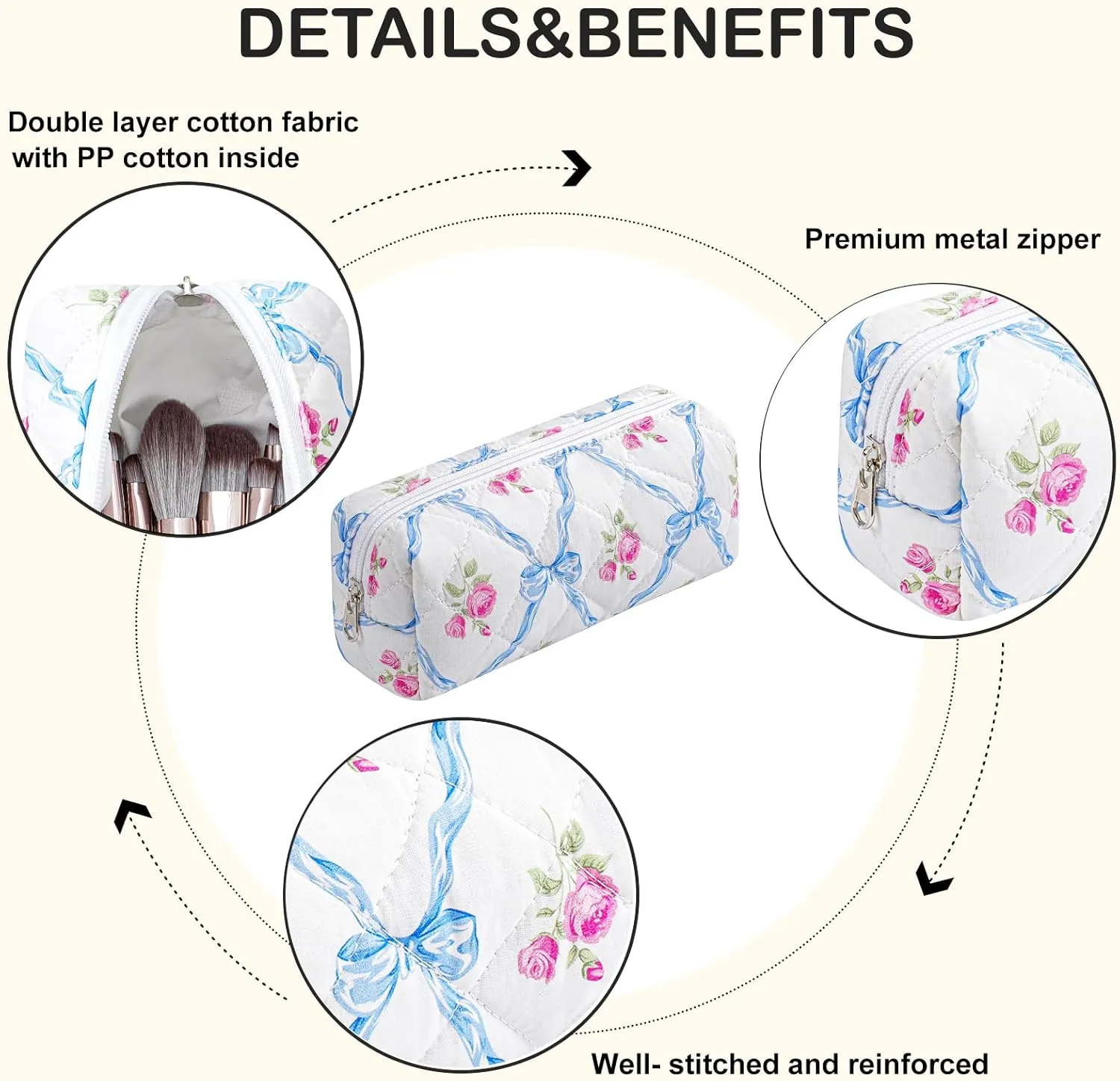 Cute Floral Makeup Brush Bag Small Cotton Quilted Cosmetic Bag for Women Travel Toiletry Zipper Make Up Pouch (Blue Bowknot Rose)