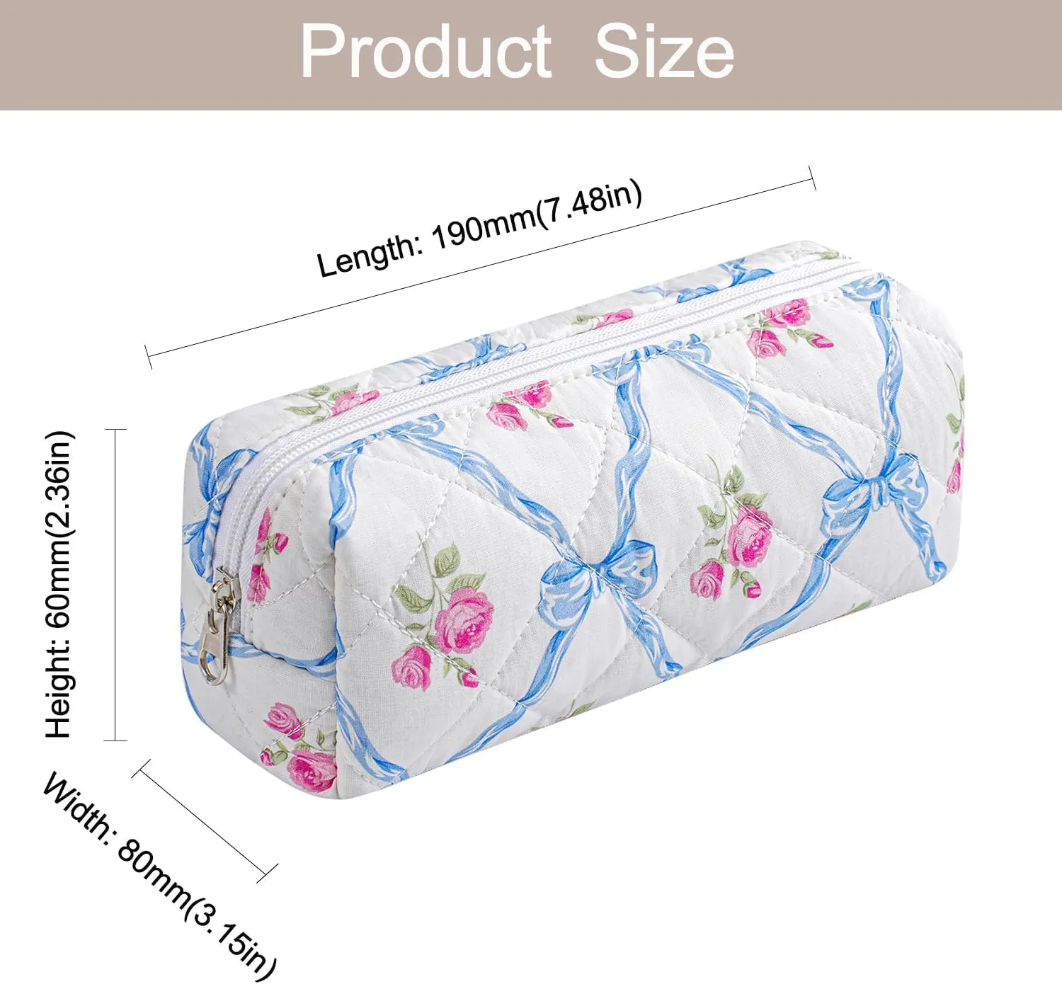 Cute Floral Makeup Brush Bag Small Cotton Quilted Cosmetic Bag for Women Travel Toiletry Zipper Make Up Pouch (Blue Bowknot Rose)