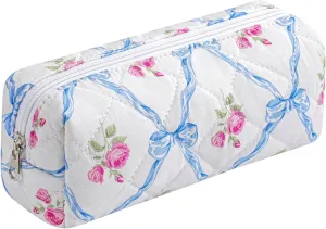 Cute Floral Makeup Brush Bag Small Cotton Quilted Cosmetic Bag for Women Travel Toiletry Zipper Make Up Pouch (Blue Bowknot Rose)