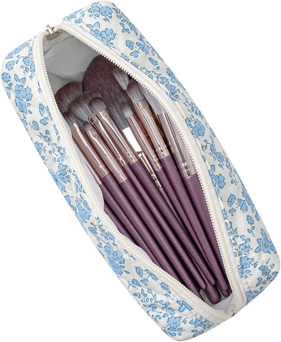Cute Floral Makeup Brush Bag Small Cotton Quilted Cosmetic Bag for Women Travel Toiletry Zipper Make Up Pouch (Blue Floral)