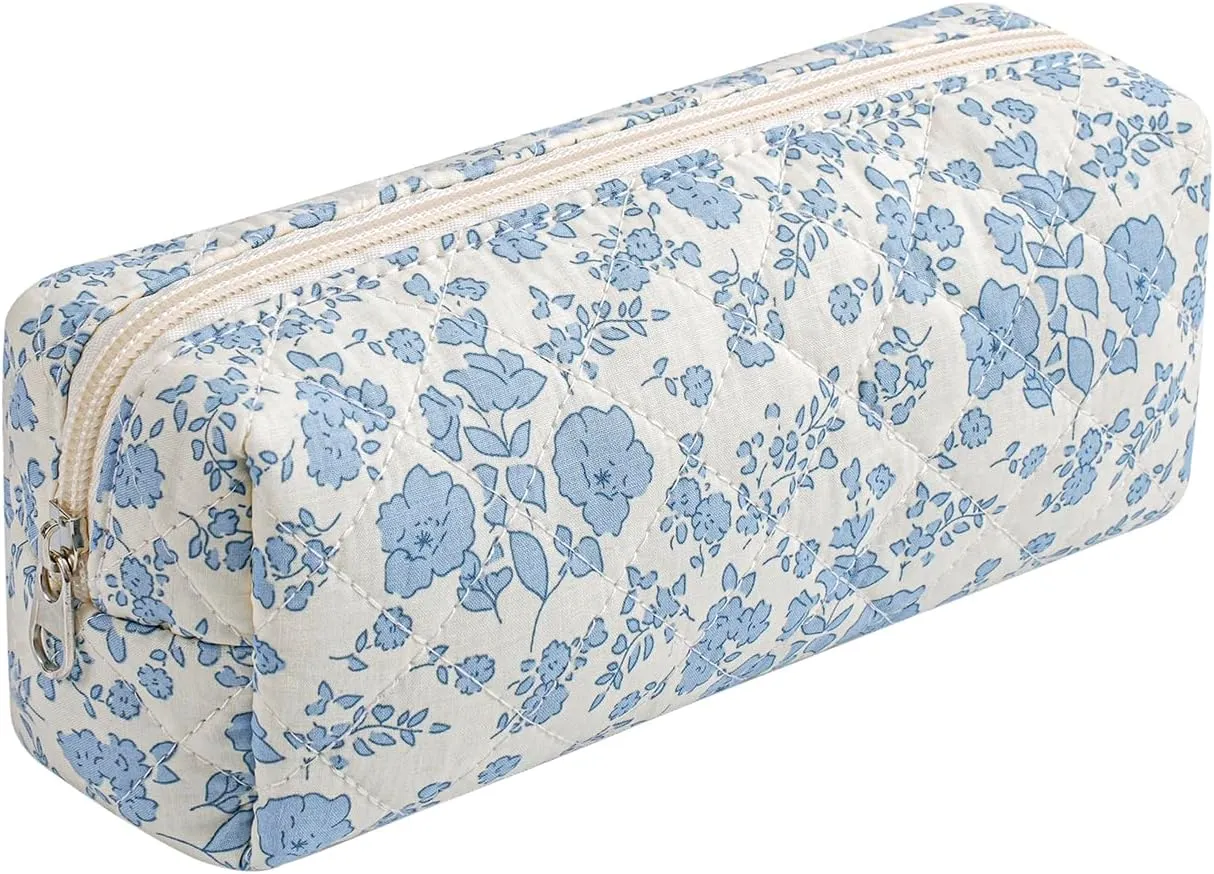 Cute Floral Makeup Brush Bag Small Cotton Quilted Cosmetic Bag for Women Travel Toiletry Zipper Make Up Pouch (Blue Floral)