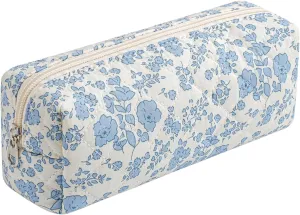 Cute Floral Makeup Brush Bag Small Cotton Quilted Cosmetic Bag for Women Travel Toiletry Zipper Make Up Pouch (Blue Floral)