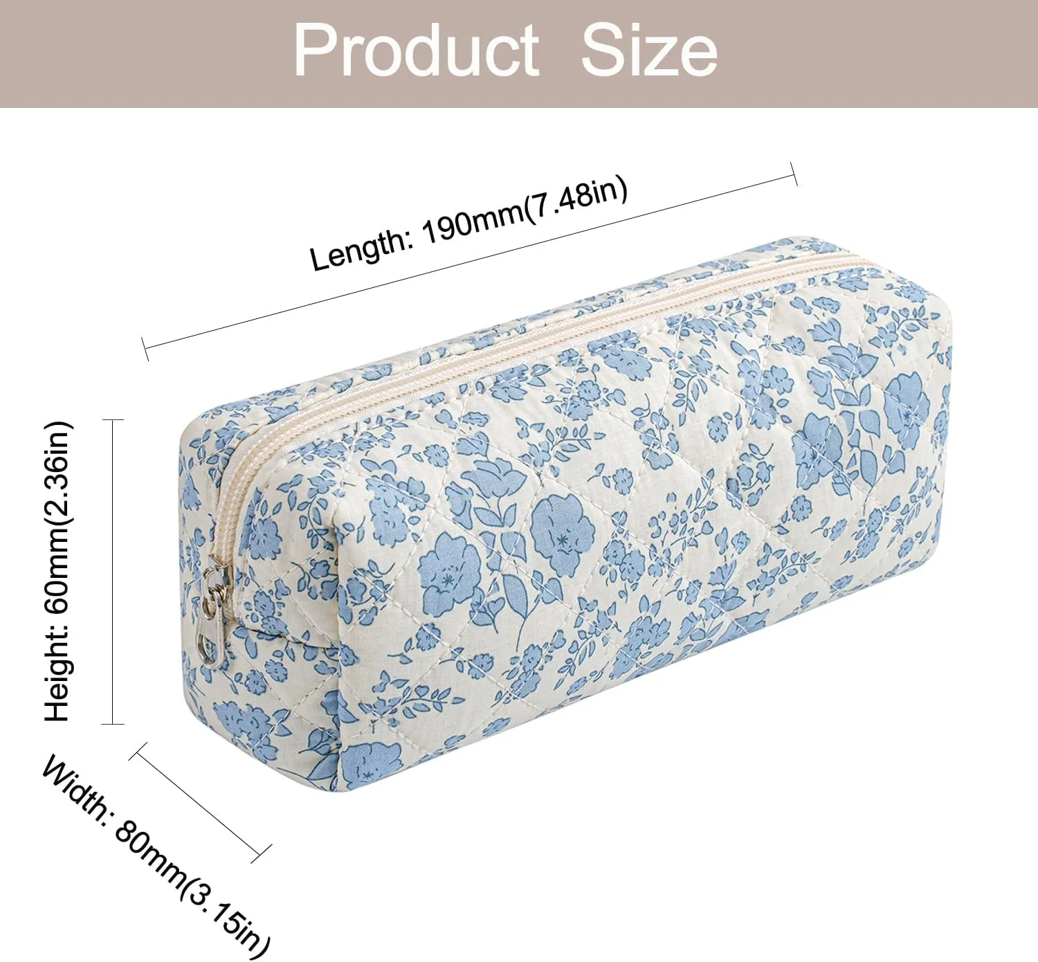 Cute Floral Makeup Brush Bag Small Cotton Quilted Cosmetic Bag for Women Travel Toiletry Zipper Make Up Pouch (Blue Floral)
