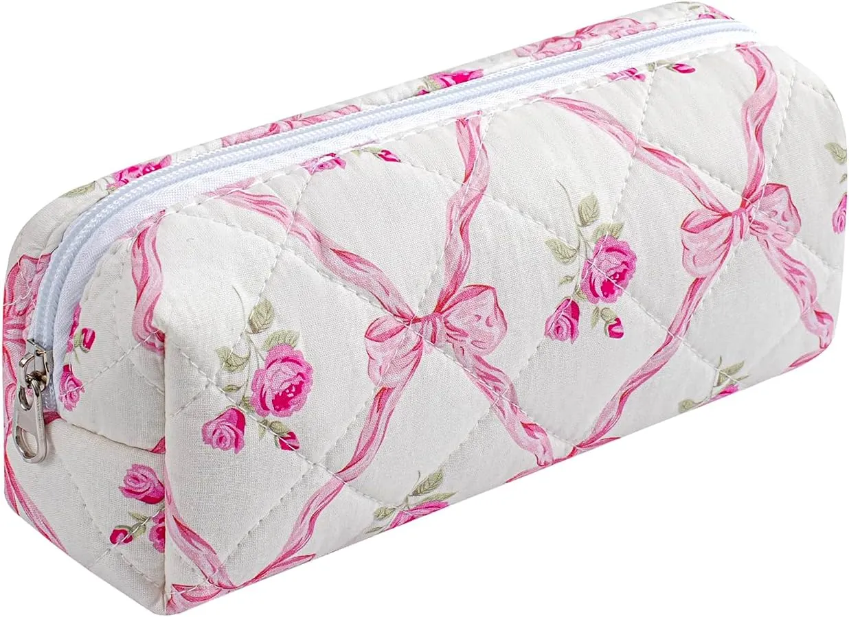 Cute Floral Makeup Brush Bag Small Cotton Quilted Cosmetic Bag for Women Travel Toiletry Zipper Make Up Pouch (Pink Bowknot Rose)