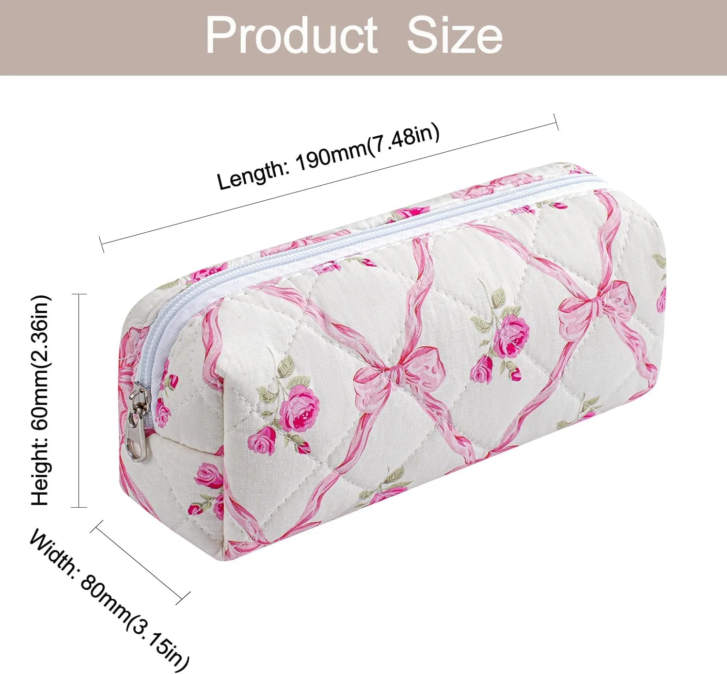 Cute Floral Makeup Brush Bag Small Cotton Quilted Cosmetic Bag for Women Travel Toiletry Zipper Make Up Pouch (Pink Bowknot Rose)