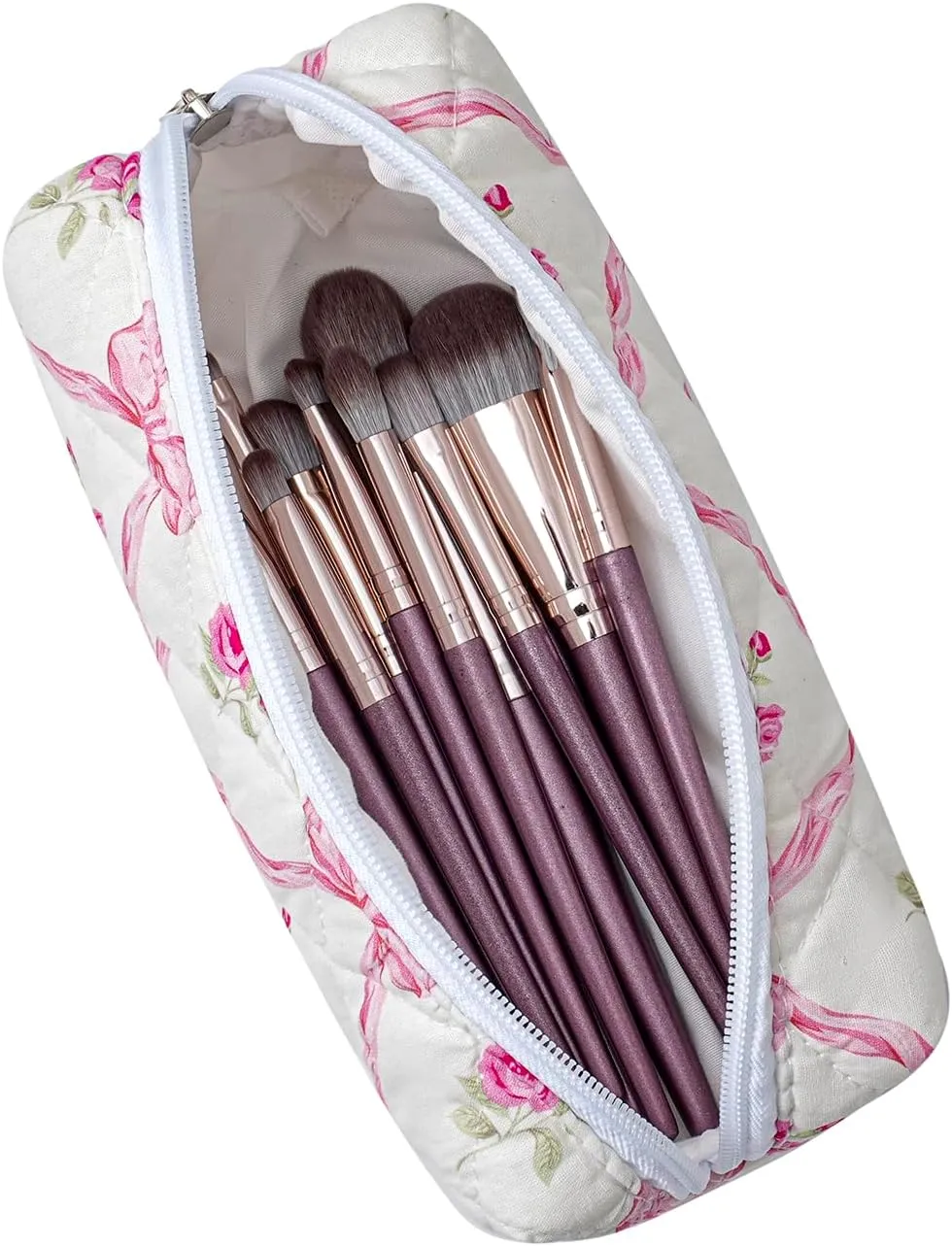 Cute Floral Makeup Brush Bag Small Cotton Quilted Cosmetic Bag for Women Travel Toiletry Zipper Make Up Pouch (Pink Bowknot Rose)