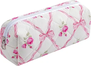 Cute Floral Makeup Brush Bag Small Cotton Quilted Cosmetic Bag for Women Travel Toiletry Zipper Make Up Pouch (Pink Bowknot Rose)