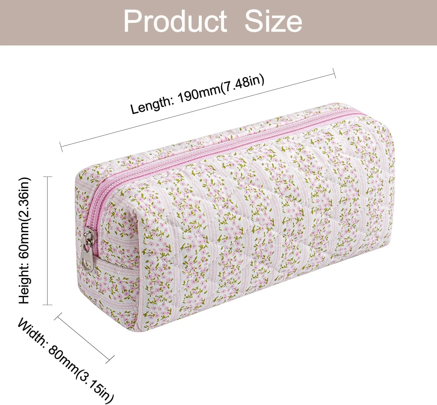 Cute Floral Makeup Brush Bag Small Cotton Quilted Cosmetic Bag for Women Travel Toiletry Zipper Make Up Pouch (Pink Floral)