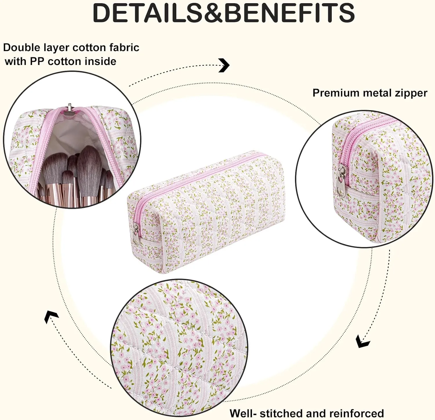 Cute Floral Makeup Brush Bag Small Cotton Quilted Cosmetic Bag for Women Travel Toiletry Zipper Make Up Pouch (Pink Floral)