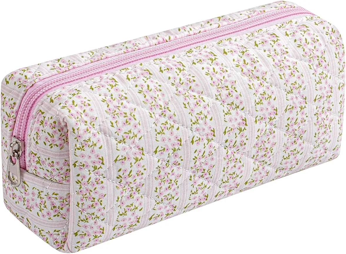 Cute Floral Makeup Brush Bag Small Cotton Quilted Cosmetic Bag for Women Travel Toiletry Zipper Make Up Pouch (Pink Floral)