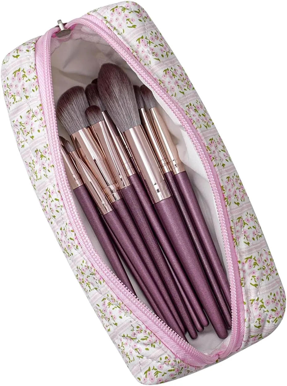 Cute Floral Makeup Brush Bag Small Cotton Quilted Cosmetic Bag for Women Travel Toiletry Zipper Make Up Pouch (Pink Floral)