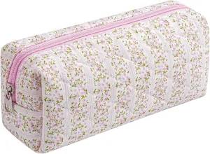 Cute Floral Makeup Brush Bag Small Cotton Quilted Cosmetic Bag for Women Travel Toiletry Zipper Make Up Pouch (Pink Floral)