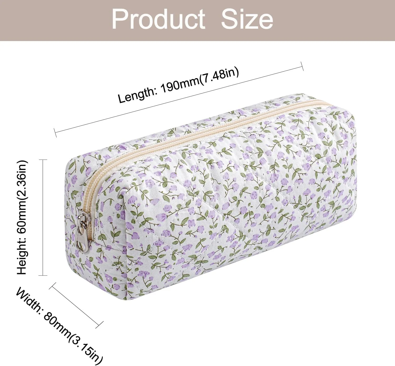 Cute Floral Makeup Brush Bag Small Cotton Quilted Cosmetic Bag for Women Travel Toiletry Zipper Make Up Pouch (Purple Floral)
