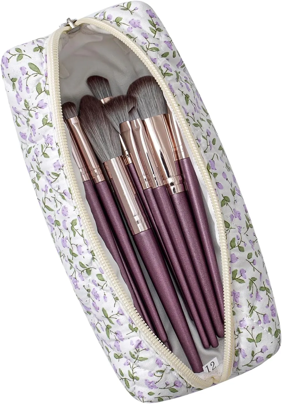 Cute Floral Makeup Brush Bag Small Cotton Quilted Cosmetic Bag for Women Travel Toiletry Zipper Make Up Pouch (Purple Floral)