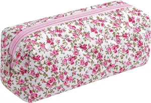Cute Floral Makeup Brush Bag Small Cotton Quilted Cosmetic Bag for Women Travel Toiletry Zipper Make Up Pouch (Red Floral)