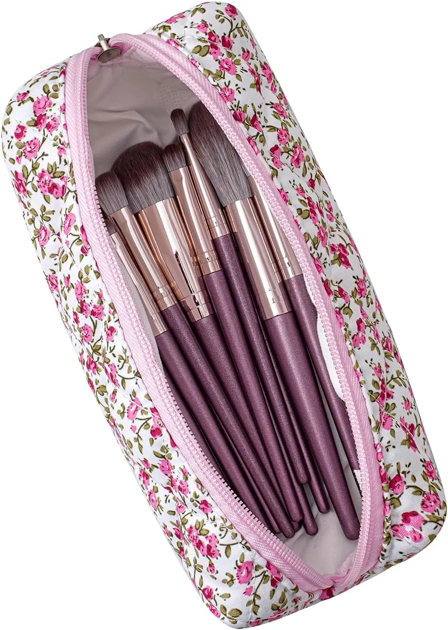 Cute Floral Makeup Brush Bag Small Cotton Quilted Cosmetic Bag for Women Travel Toiletry Zipper Make Up Pouch (Red Floral)