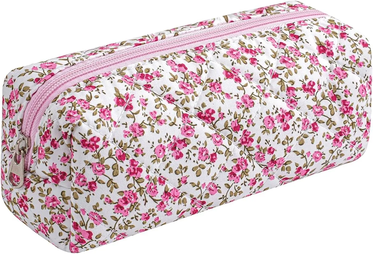 Cute Floral Makeup Brush Bag Small Cotton Quilted Cosmetic Bag for Women Travel Toiletry Zipper Make Up Pouch (Red Floral)