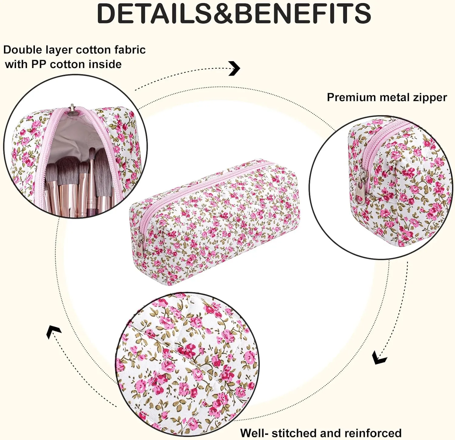 Cute Floral Makeup Brush Bag Small Cotton Quilted Cosmetic Bag for Women Travel Toiletry Zipper Make Up Pouch (Red Floral)
