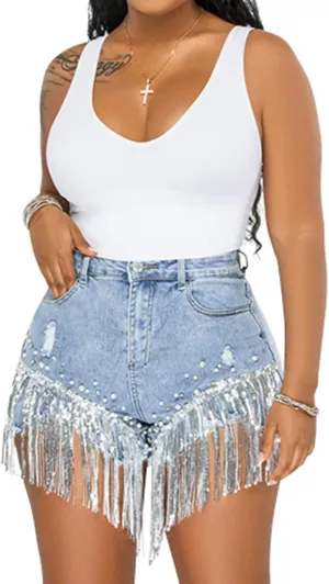 CYLADY Women High Waisted Denim Shorts Ripped Jeans Frayed Raw Hem Tassels Jean Shorts