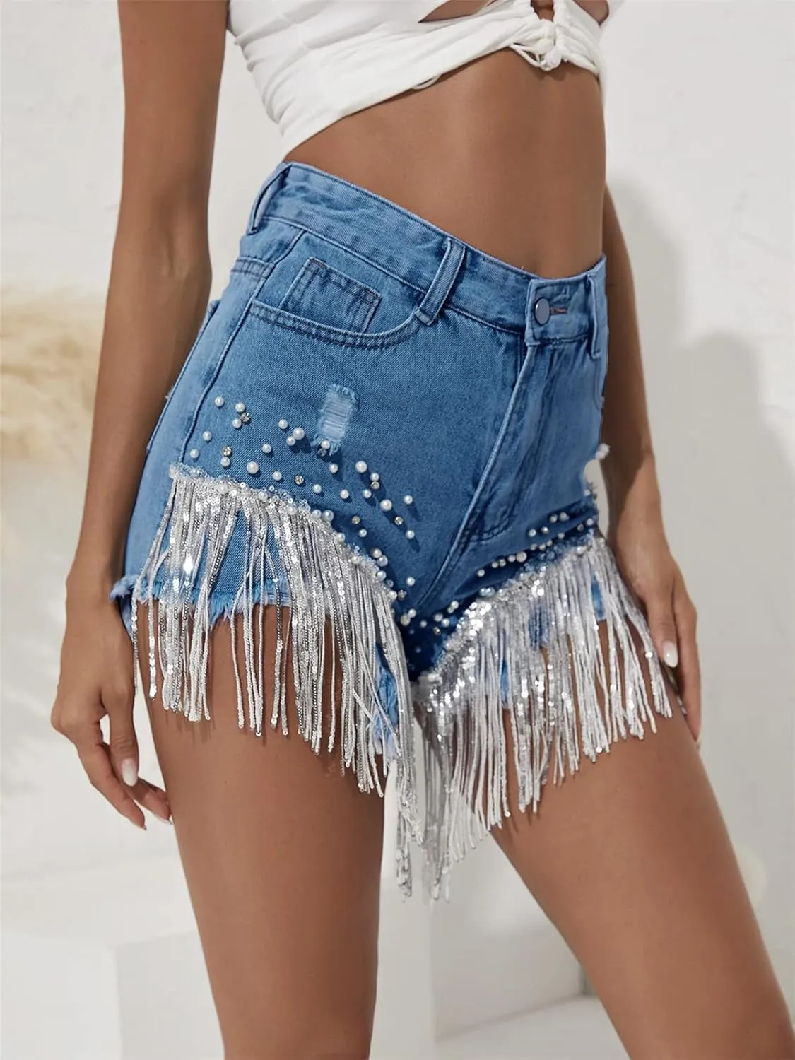 CYLADY Women High Waisted Denim Shorts Ripped Jeans Frayed Raw Hem Tassels Jean Shorts