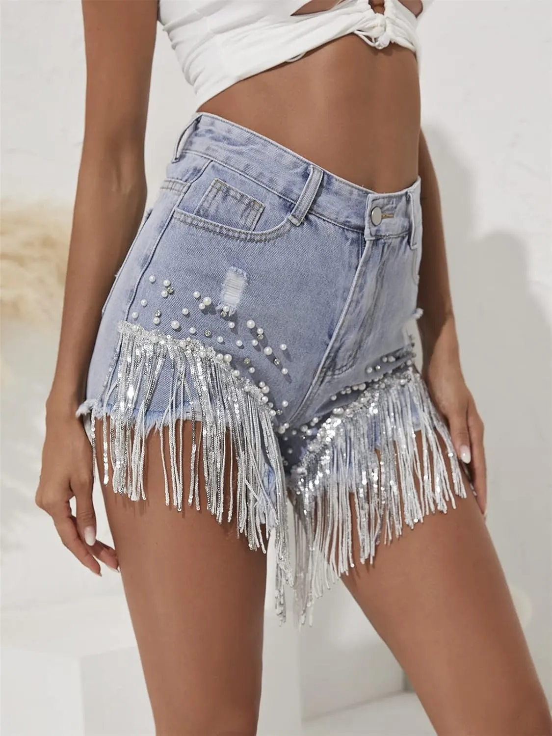 CYLADY Women High Waisted Denim Shorts Ripped Jeans Frayed Raw Hem Tassels Jean Shorts